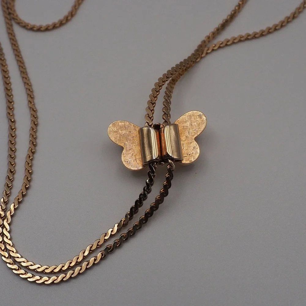 Vintage Bolo Necklace Butterfly Slide Lariat Gold Tone Curb Chain 32